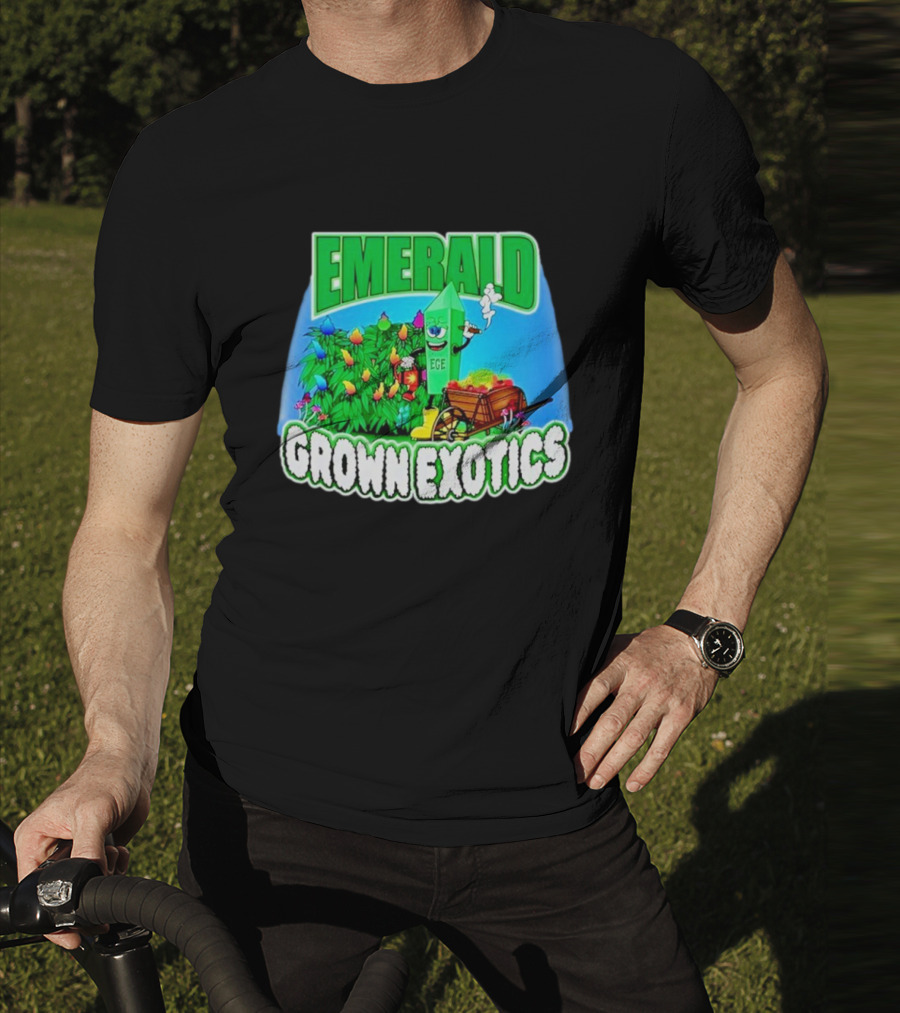 Emerald Grown Exotics Colorful Harvest With EGE Mascot And Wagon T-Shirt