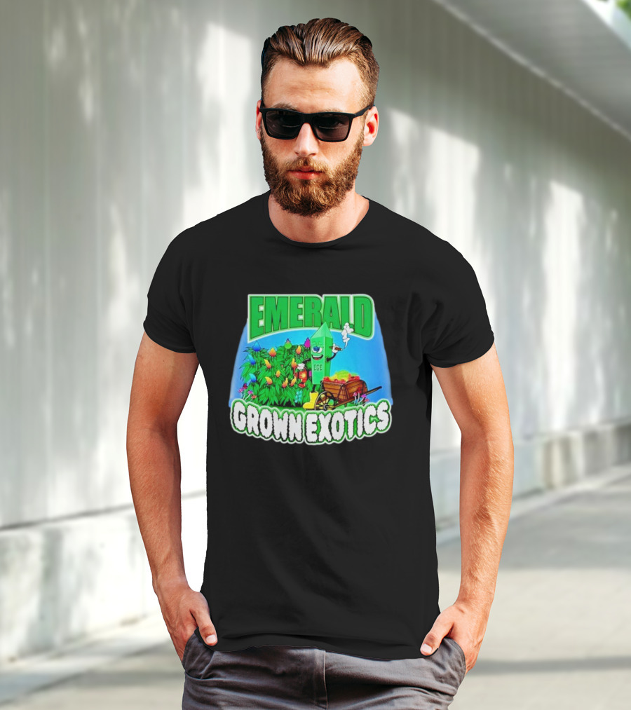 Emerald Grown Exotics Colorful Harvest With EGE Mascot And Wagon T-Shirt