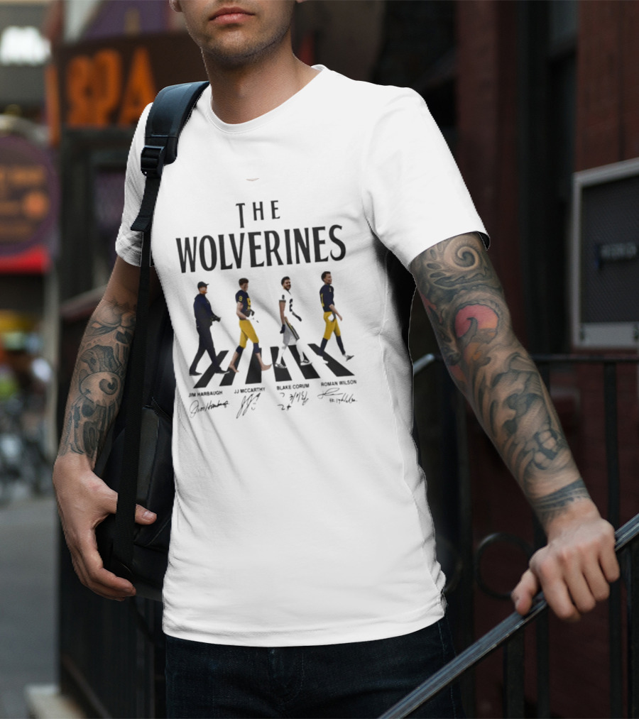 The Wolverines Abbey Road Walk With Signatures Jim Harbaugh J.J. McCarthy Blake Corum Roman Wilson T-Shirt