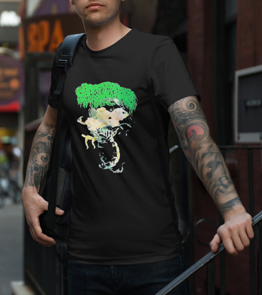 Sanguisugabogg Homicidal Ecstacy Abstract Green Dripping Text With Floral Skull And Spine T-Shirt