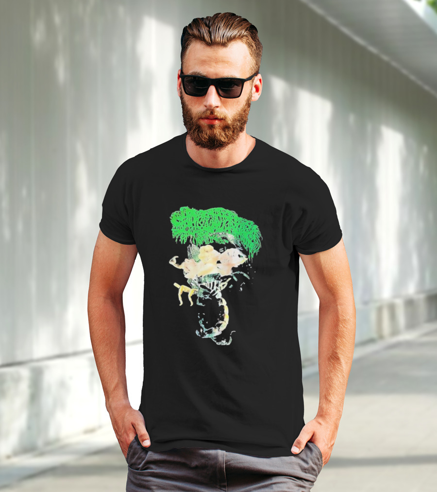 Sanguisugabogg Homicidal Ecstacy Abstract Green Dripping Text With Floral Skull And Spine T-Shirt