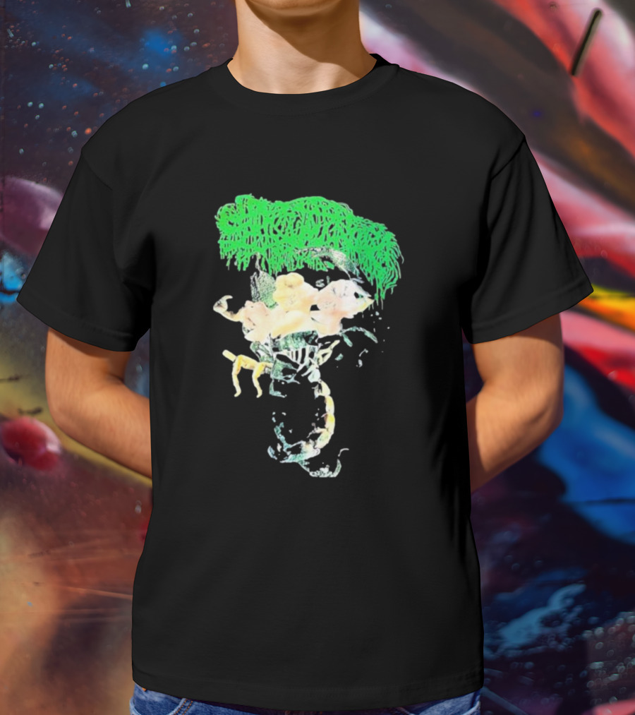 Sanguisugabogg Homicidal Ecstacy Abstract Green Dripping Text With Floral Skull And Spine T-Shirt