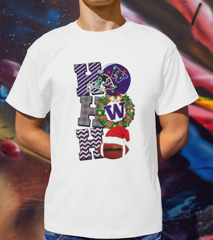 Washington Huskies Football Christmas Helmet Wreath Football Santa Hat Ho Ho Ho T-Shirt