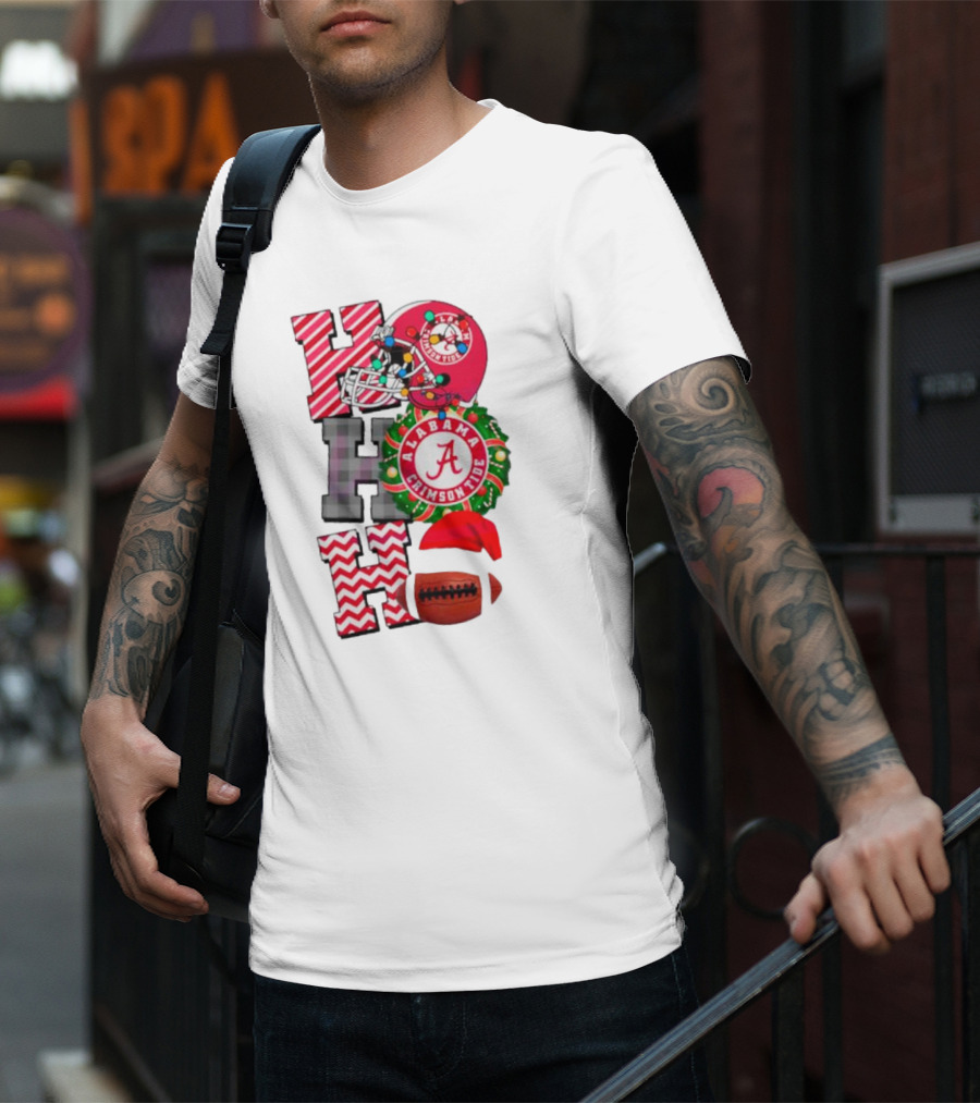 Alabama Crimson Tide Football Christmas Ho Ho Ho Santa Hat Wreath Football Helmet T-Shirt