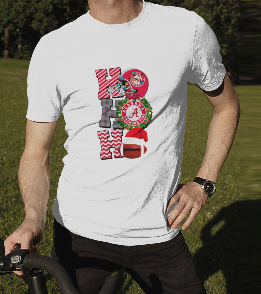 Alabama Crimson Tide Football Christmas Ho Ho Ho Santa Hat Wreath Football Helmet T-Shirt