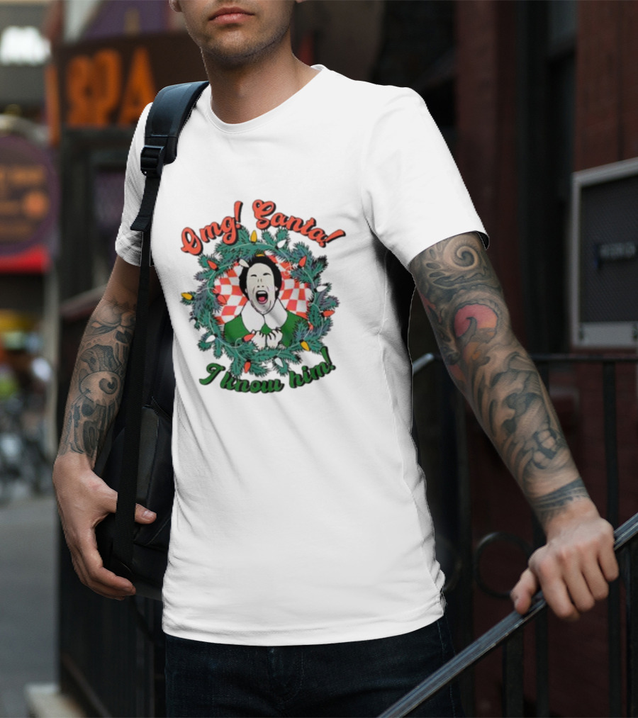 Elf Omg Santa I Know Him Funny Christmas Wreath Lights T-Shirt