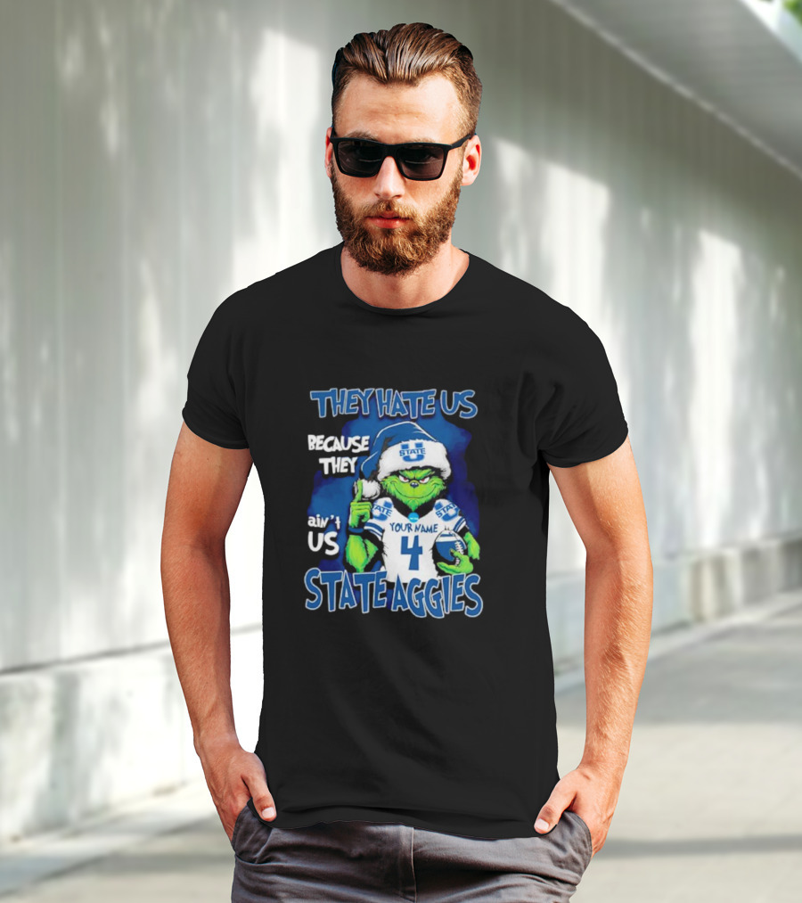 They Hate Us Because They Ain't Us Grinch Santa Utah State Aggies Your Name Custom Number T-Shirt