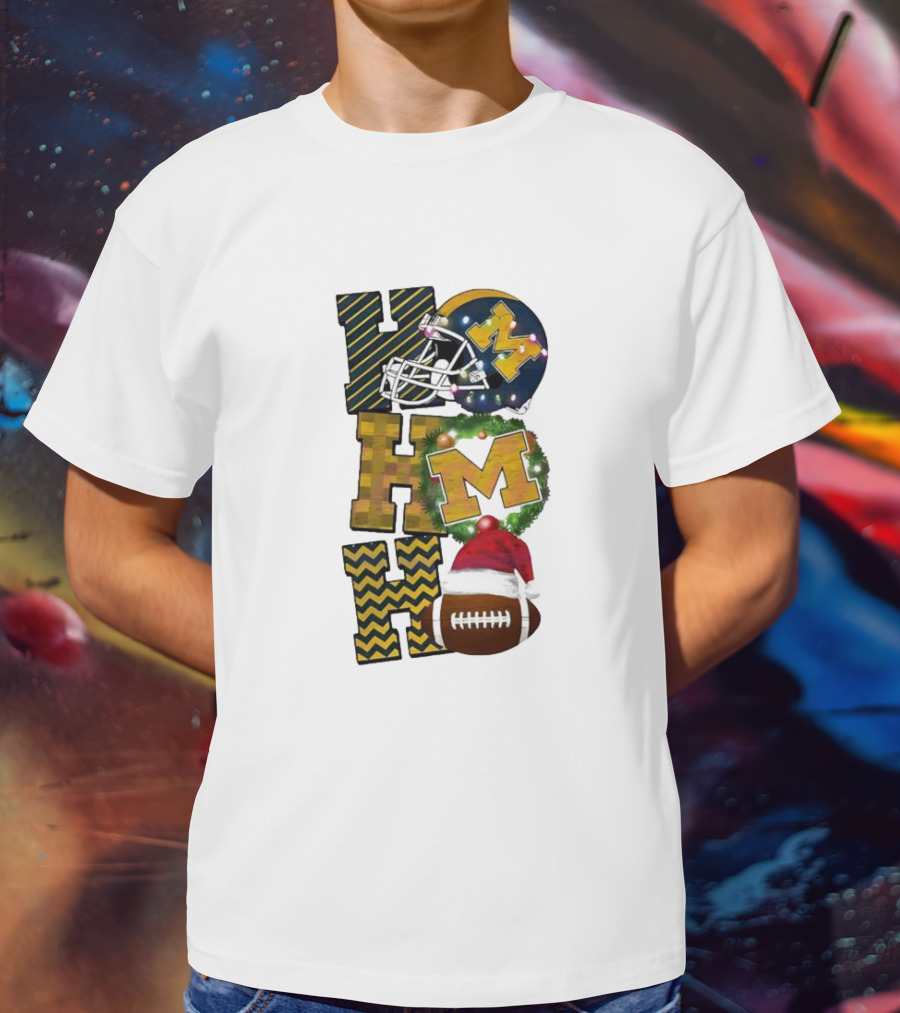 Michigan Wolverines Football Helmet Wreath Christmas Ho Ho Ho T-Shirt