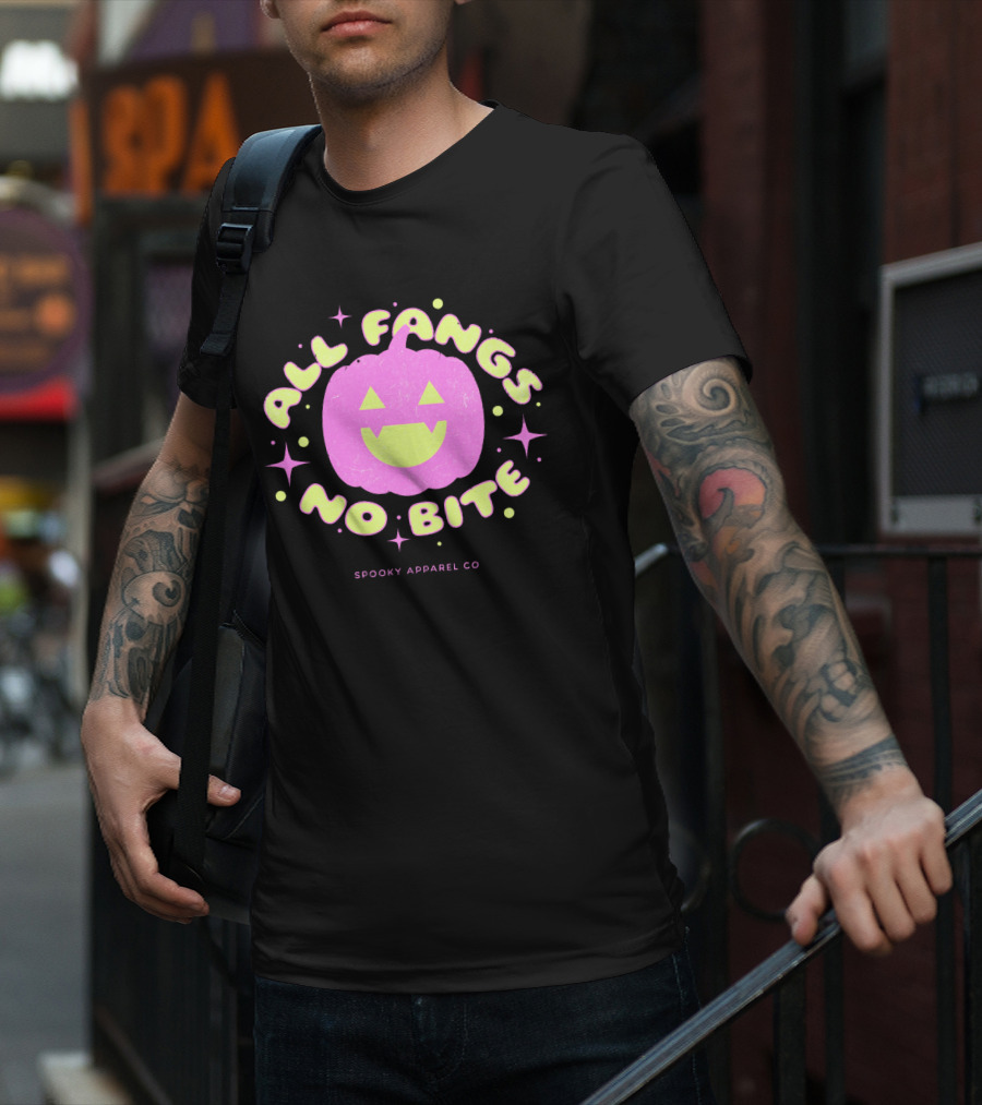 All Fangs No Bite Spooky Apparel Co Halloween Pumpkin T-Shirt