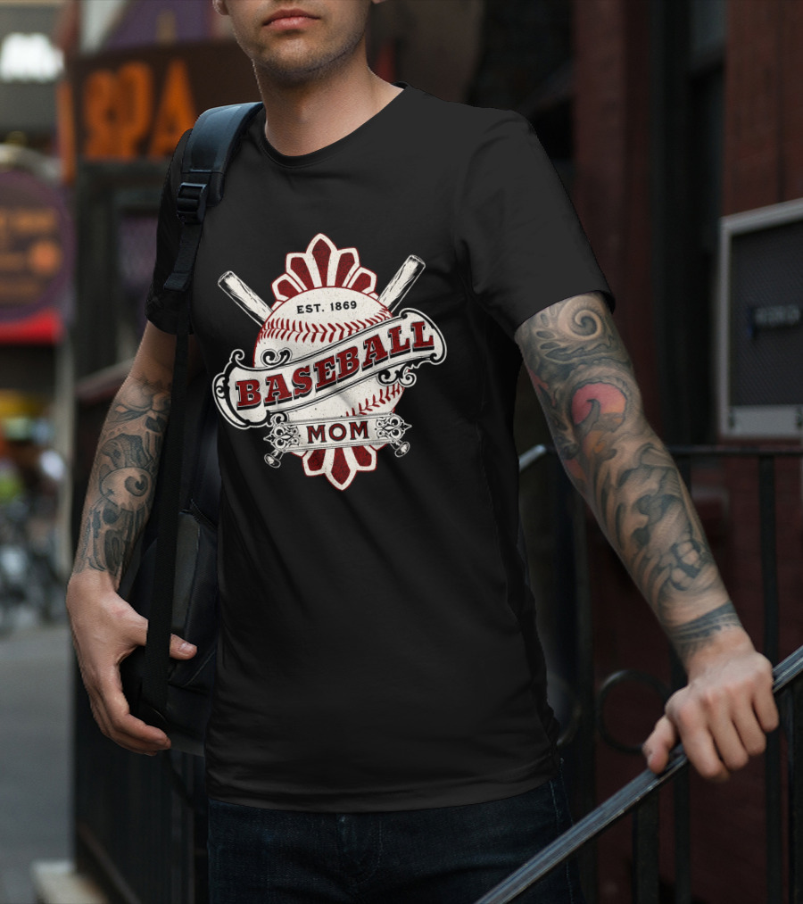 Baseball Mom Est. 1869 Vintage Bat And Ball Emblem T-Shirt
