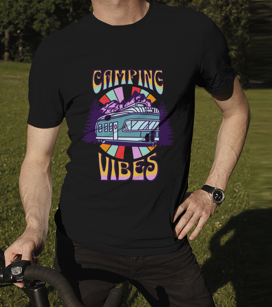 Camping Vibes Retro Travel Trailer Mountains Colorful Sunburst T-Shirt