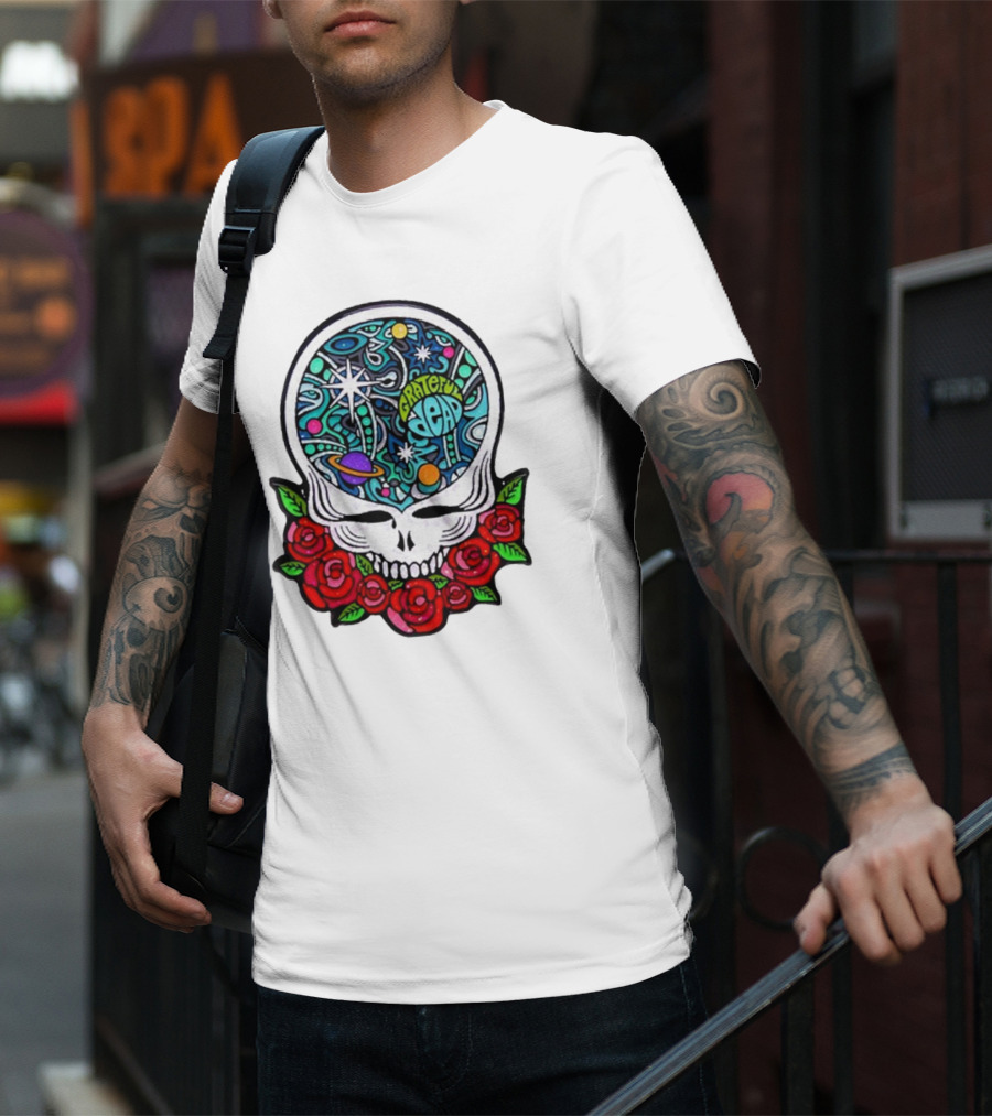 Grateful Dead Skull With Cosmic Rose Design By Danny Steinman T-Shirt