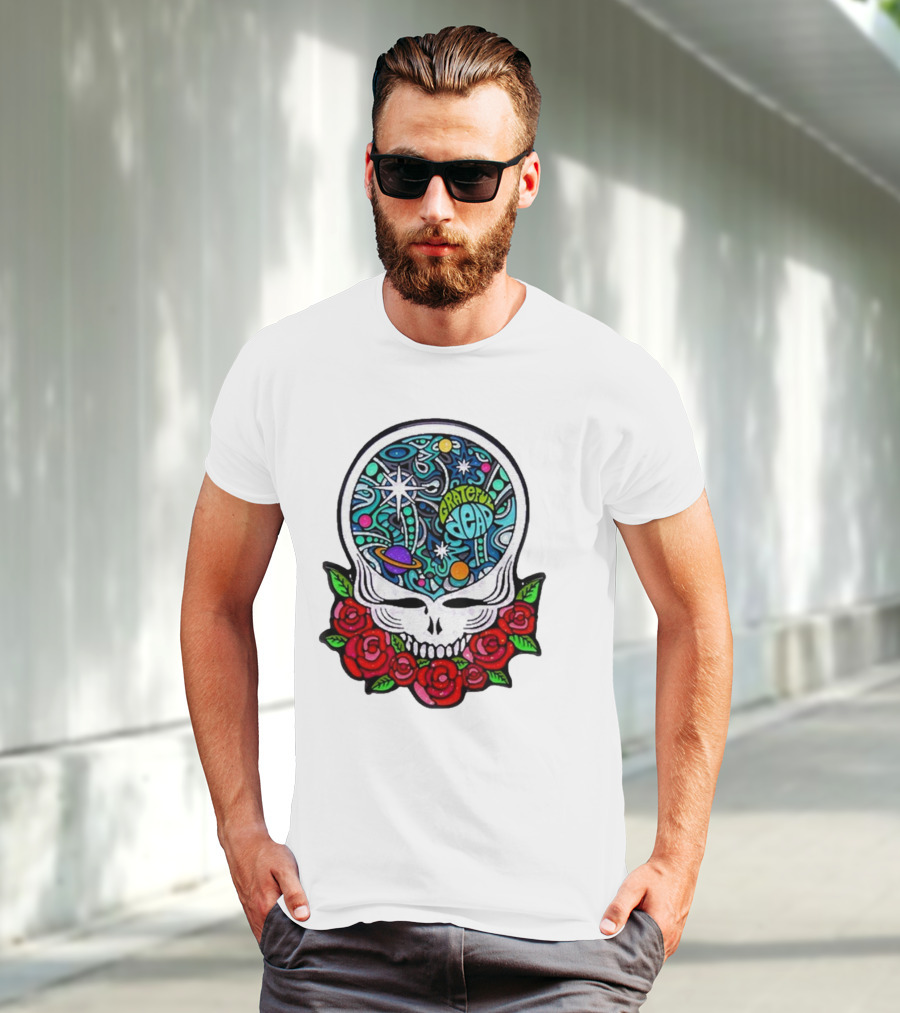 Grateful Dead Skull With Cosmic Rose Design By Danny Steinman T-Shirt