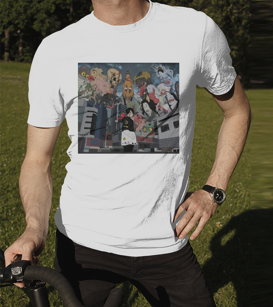 Kemuri Ikumi X Nass Anime Yokai-Inspired Urban Chaos Scene T-Shirt