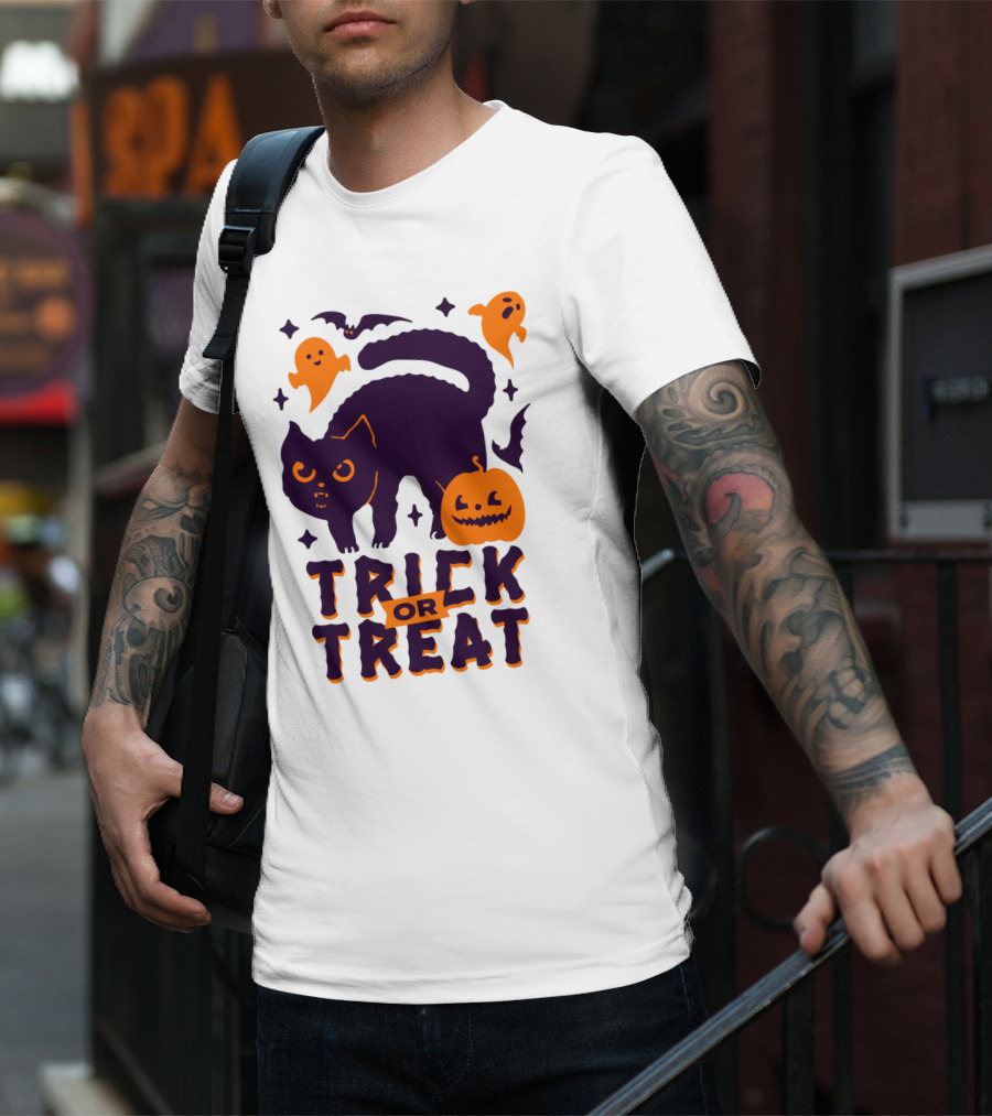 Trick Or Treat Halloween Cats Pumpkins Ghosts And Bats T-Shirt