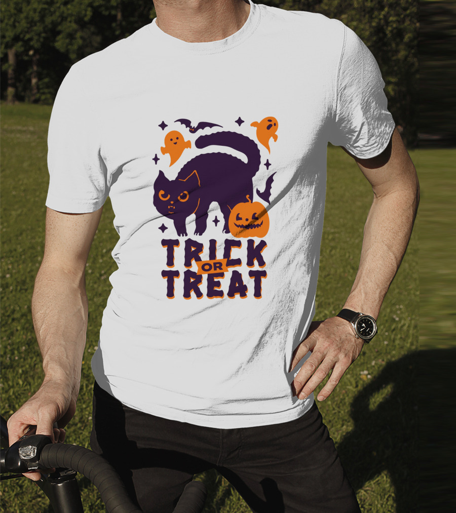 Trick Or Treat Halloween Cats Pumpkins Ghosts And Bats T-Shirt