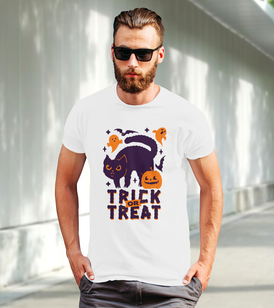 Trick Or Treat Halloween Cats Pumpkins Ghosts And Bats T-Shirt