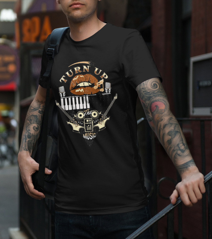 TURN UP THE MUSIC Keyboard Guitars And Microphones T-Shirt
