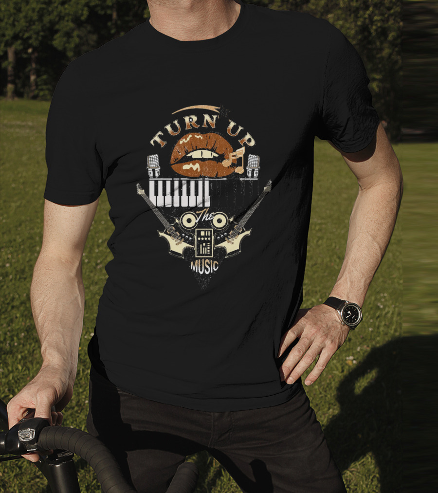 TURN UP THE MUSIC Keyboard Guitars And Microphones T-Shirt