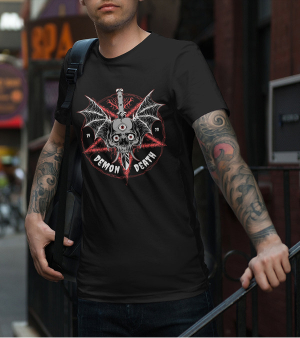 DEMON DEATH 1970 Skull With Wings And Knife In Pentagram T-Shirt