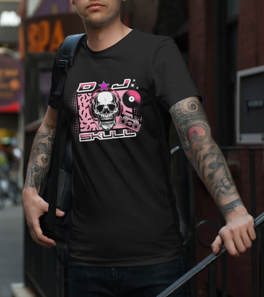 DJ Skull Retro Headphones Boombox Vinyl Star T-Shirt