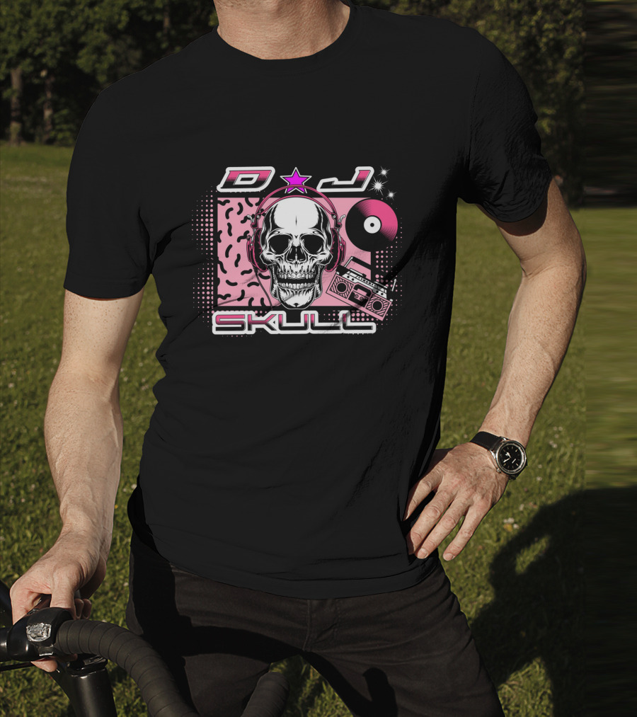 DJ Skull Retro Headphones Boombox Vinyl Star T-Shirt