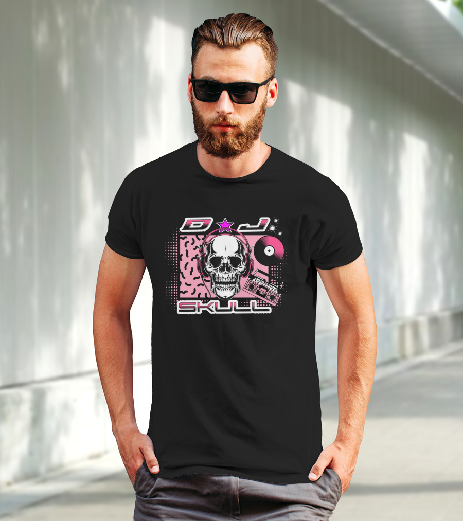 DJ Skull Retro Headphones Boombox Vinyl Star T-Shirt