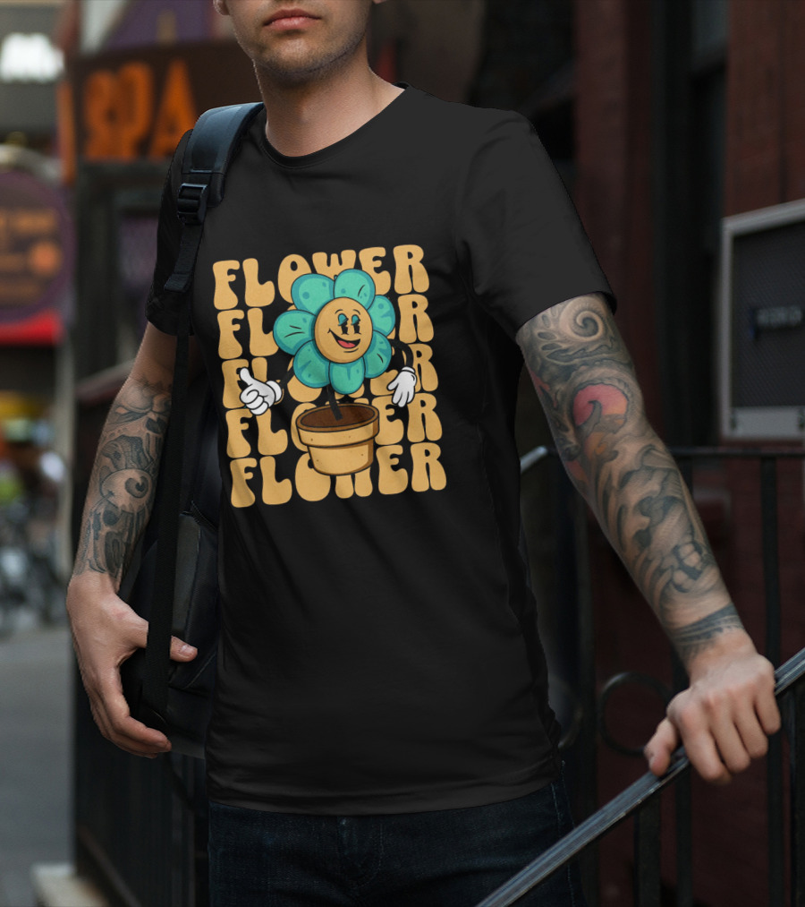 Flower Happy Blue Petal Character In Pot With Groovy Text T-Shirt