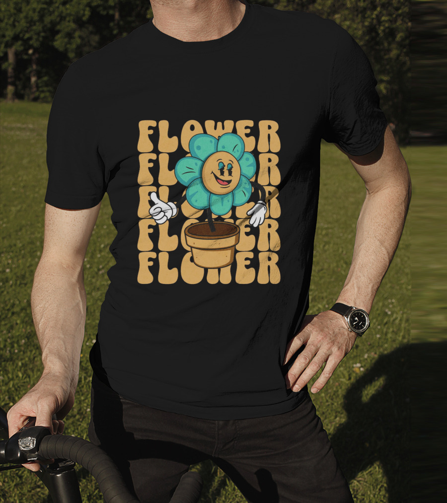 Flower Happy Blue Petal Character In Pot With Groovy Text T-Shirt