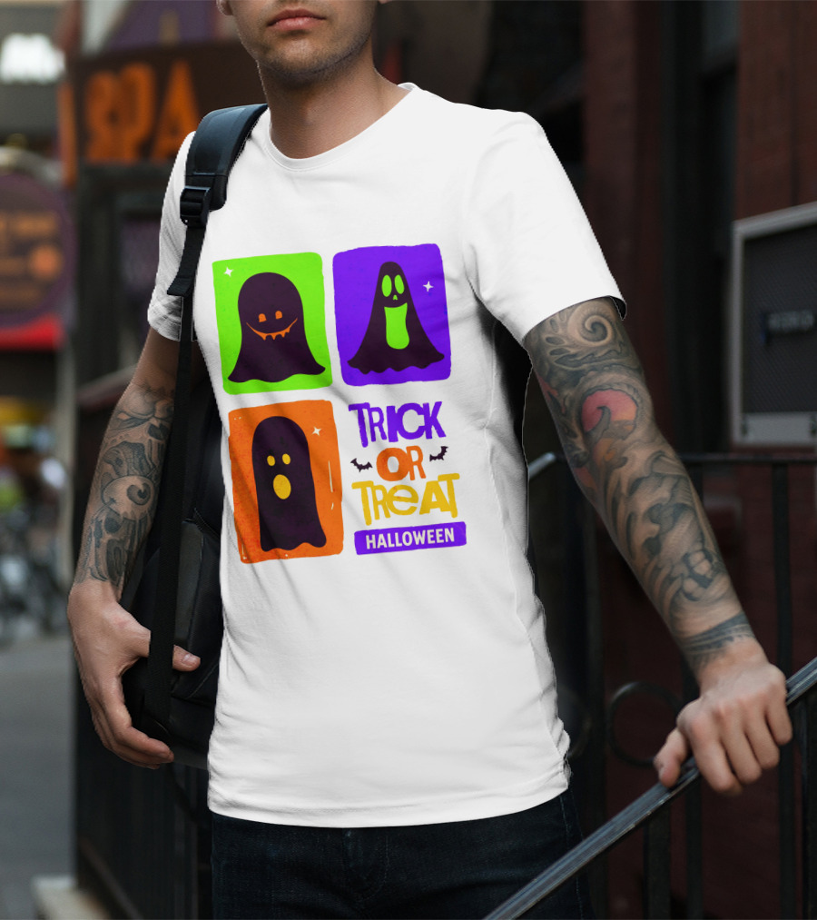 Halloween Trick Or Treat Ghosts In Colorful Boxes T-Shirt