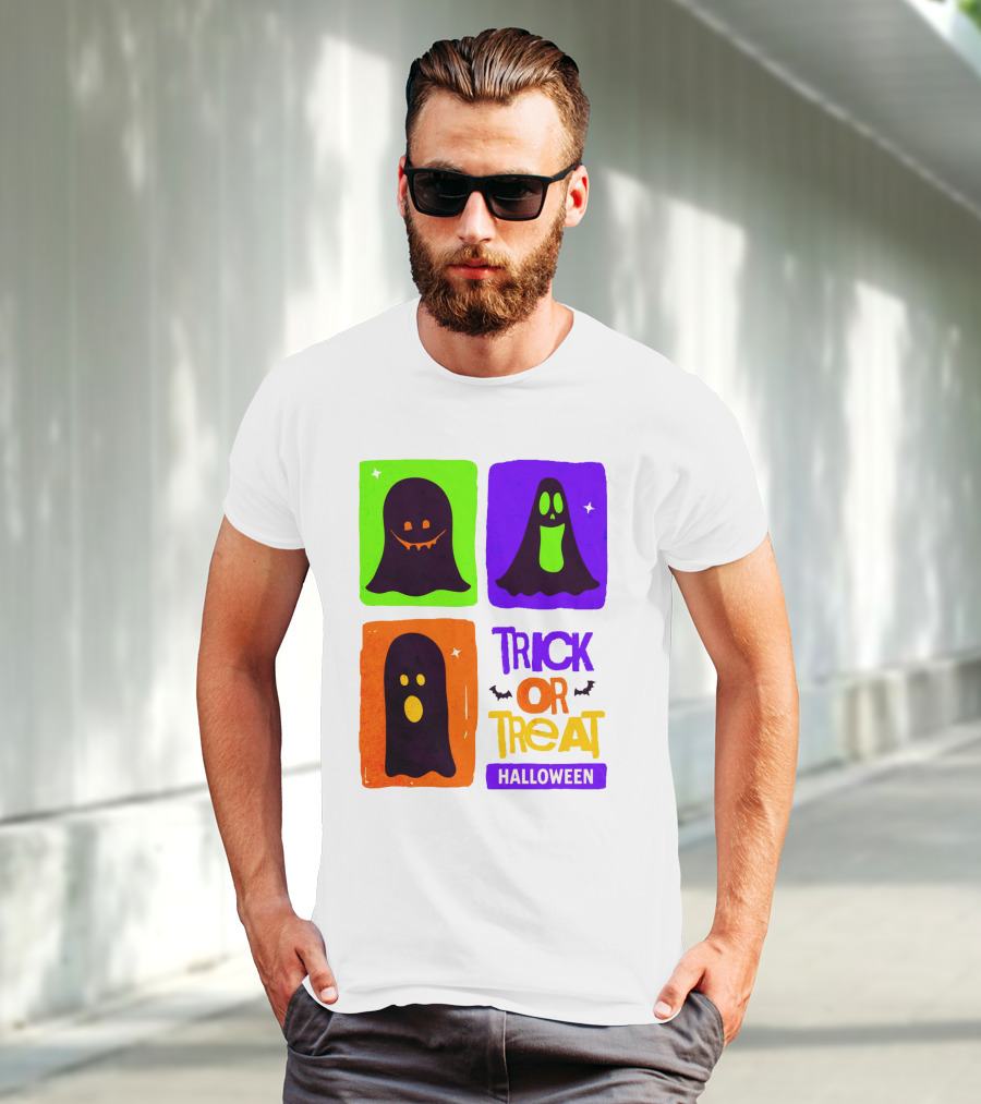 Halloween Trick Or Treat Ghosts In Colorful Boxes T-Shirt