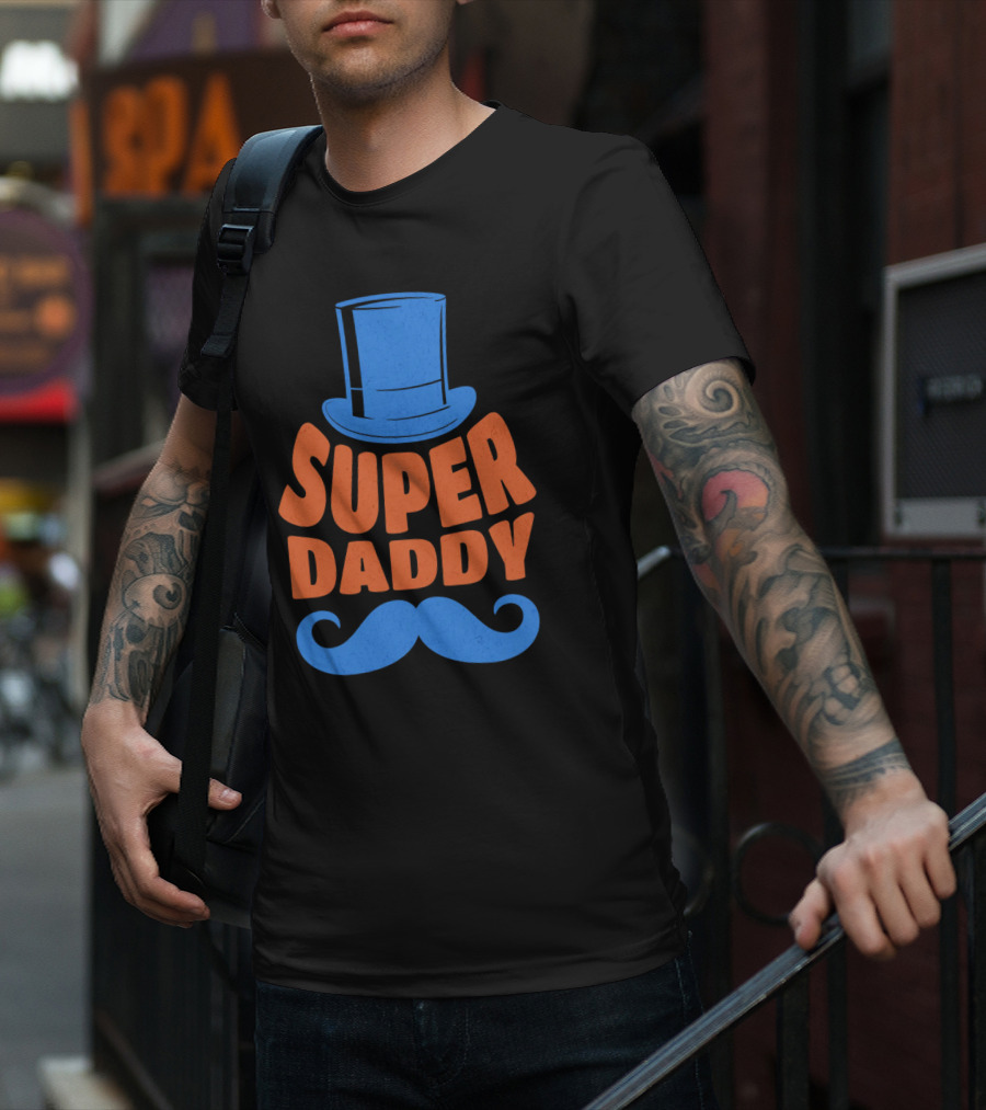 Super Daddy Mustache Top Hat Blue T-Shirt