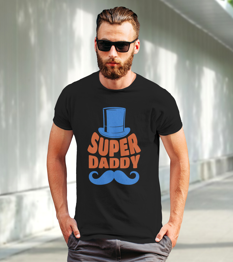 Super Daddy Mustache Top Hat Blue T-Shirt