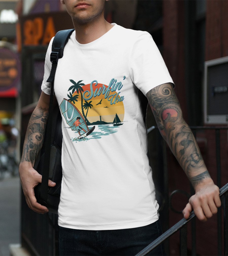 Surfin' Usa Retro Sunset Windsurfer Palm Trees Ocean Scene T-Shirt