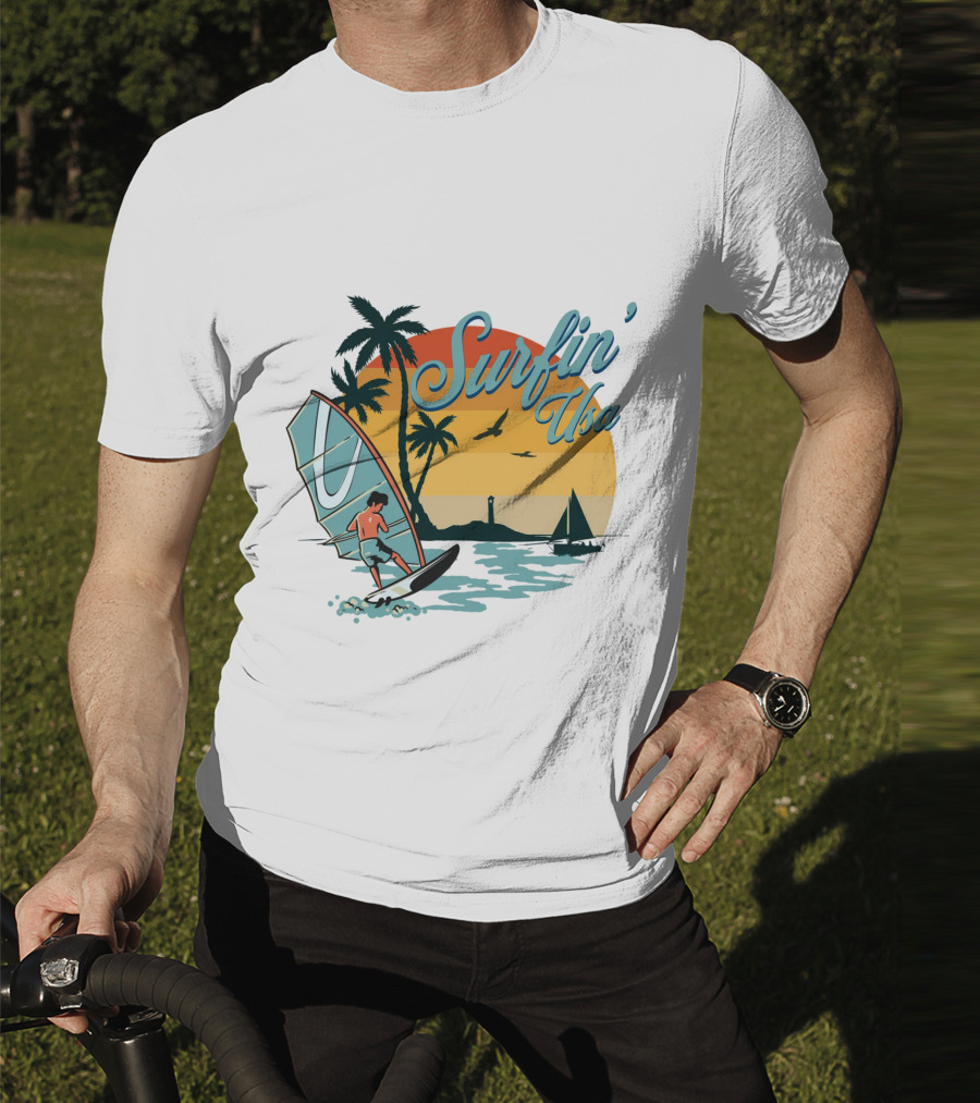 Surfin' Usa Retro Sunset Windsurfer Palm Trees Ocean Scene T-Shirt