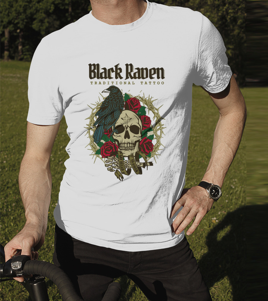 Black Raven Traditional Tattoo Skull Roses Thorns T-Shirt