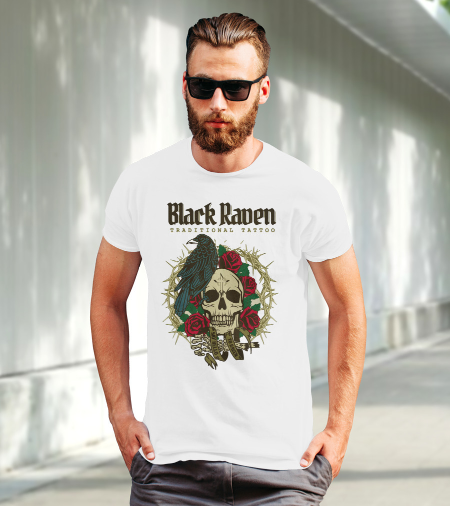 Black Raven Traditional Tattoo Skull Roses Thorns T-Shirt