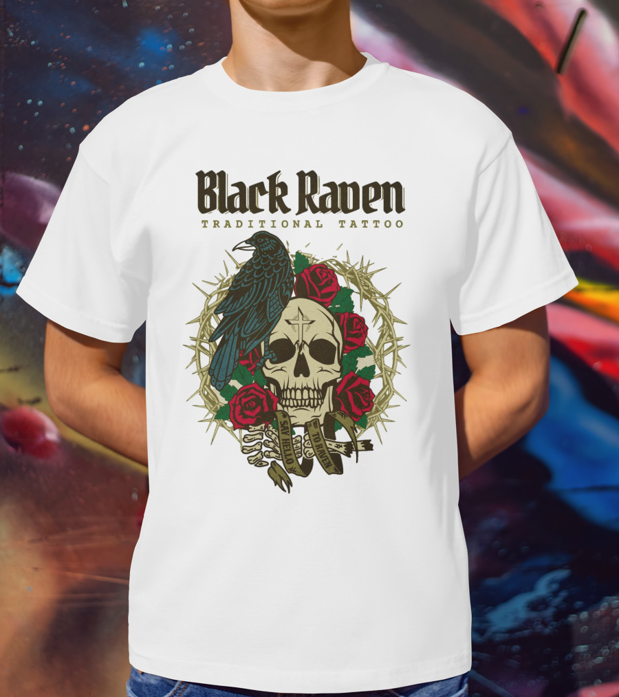Black Raven Traditional Tattoo Skull Roses Thorns T-Shirt