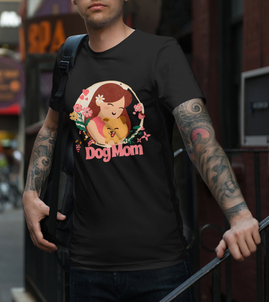 Dog Mom With Happy Puppy And Floral Heart Circle T-Shirt