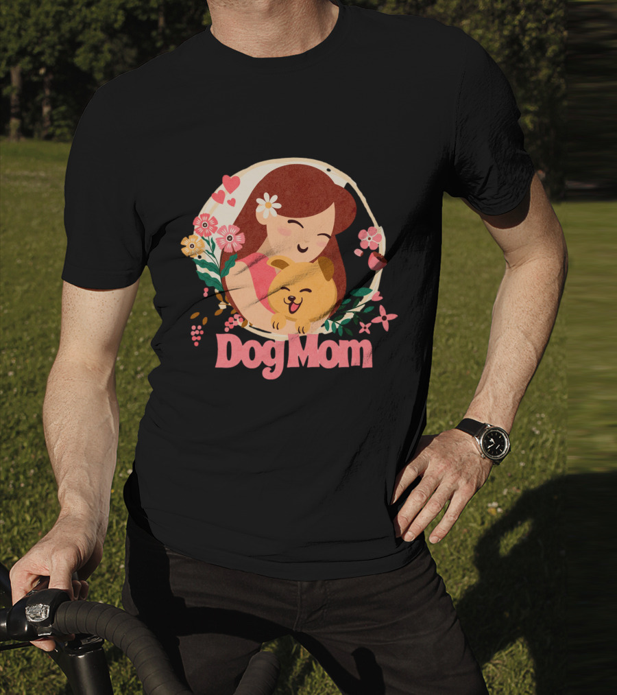 Dog Mom With Happy Puppy And Floral Heart Circle T-Shirt