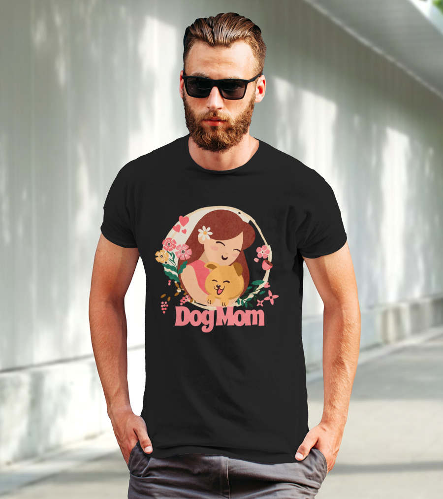 Dog Mom With Happy Puppy And Floral Heart Circle T-Shirt