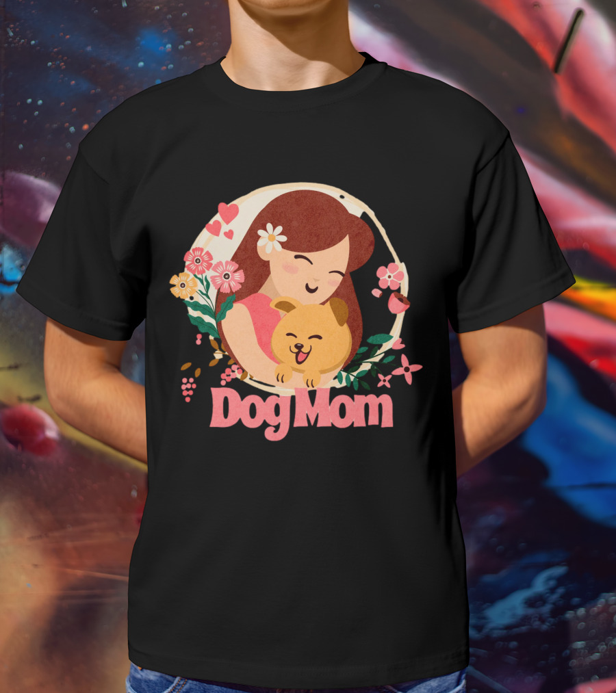 Dog Mom With Happy Puppy And Floral Heart Circle T-Shirt