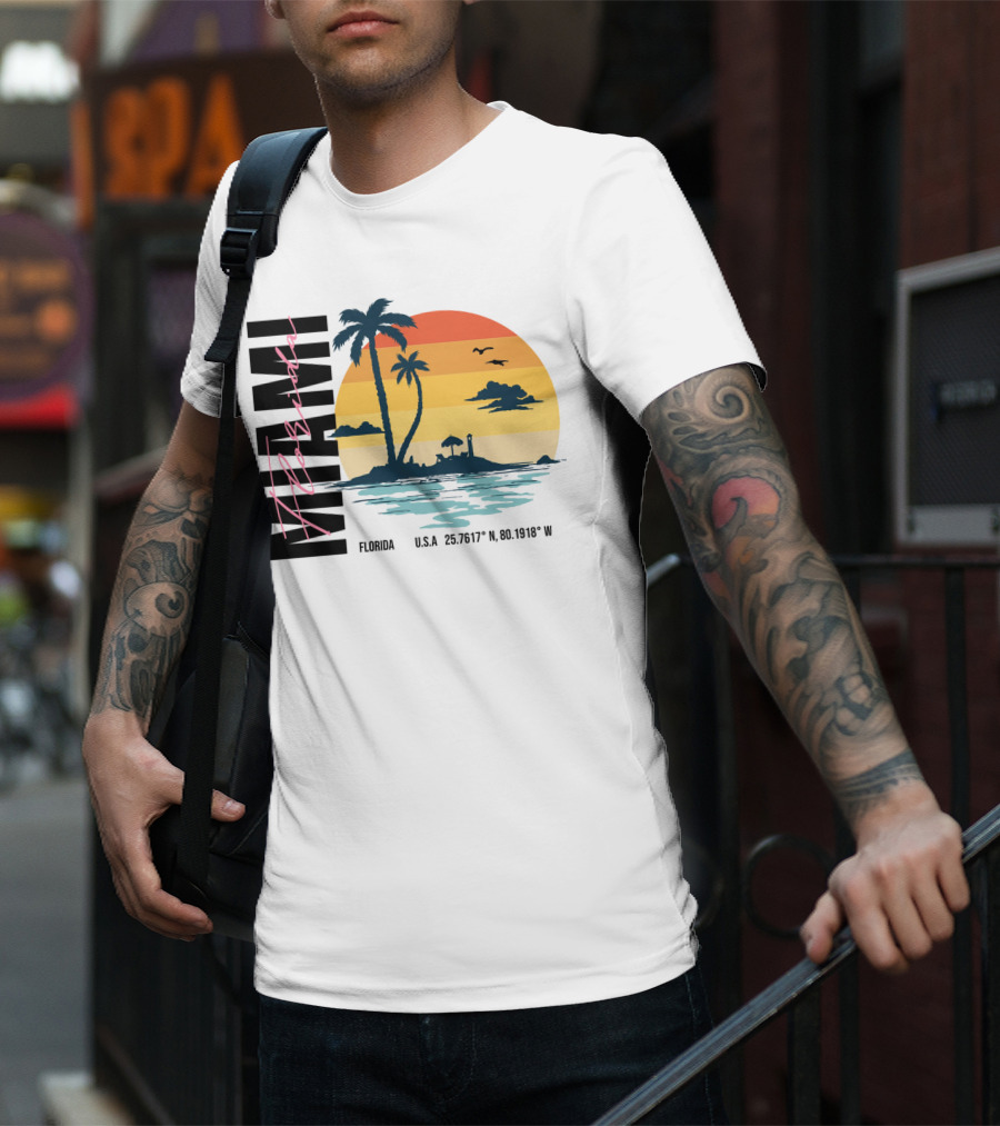 Florida Miami Beach Sunset Coordinates Palm Trees T-Shirt