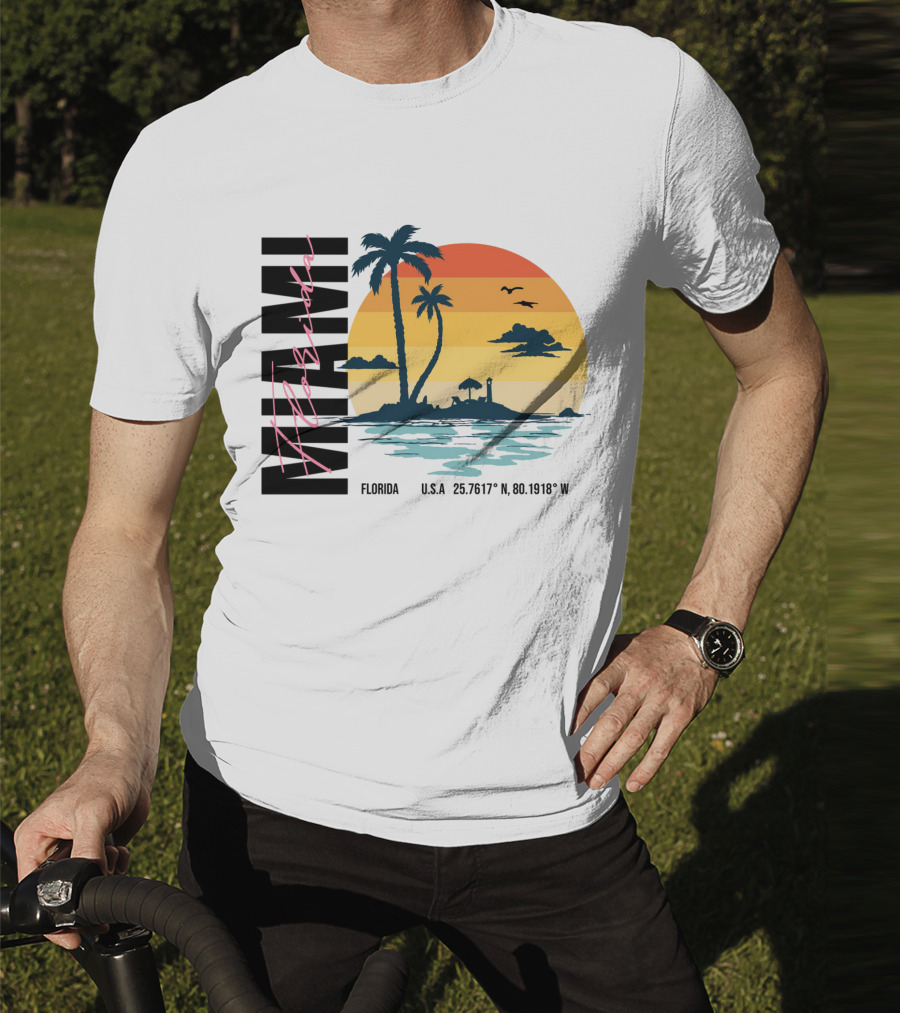 Florida Miami Beach Sunset Coordinates Palm Trees T-Shirt