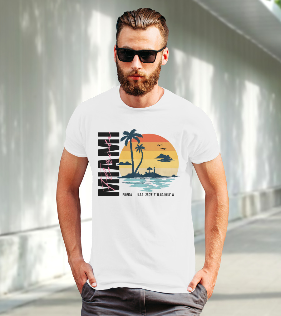 Florida Miami Beach Sunset Coordinates Palm Trees T-Shirt