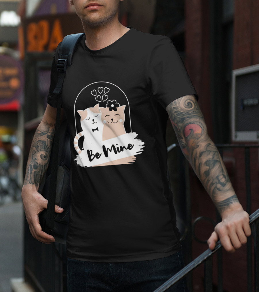 Be Mine Cute Cat Couple With Hearts And Bow Tie T-Shirt
