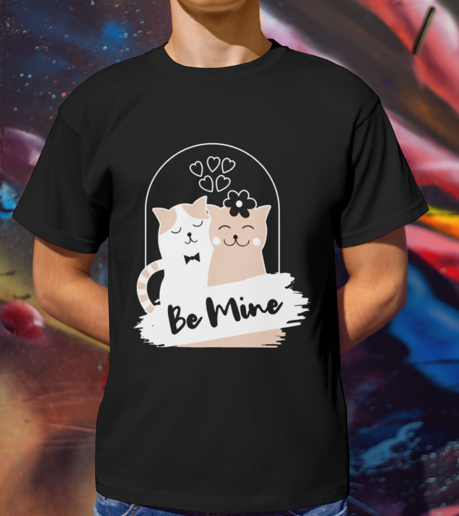 Be Mine Cute Cat Couple With Hearts And Bow Tie T-Shirt