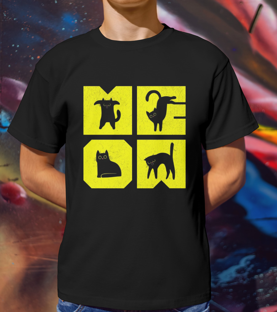 MEOW Cute Black Cats On Yellow Blocks T-Shirt