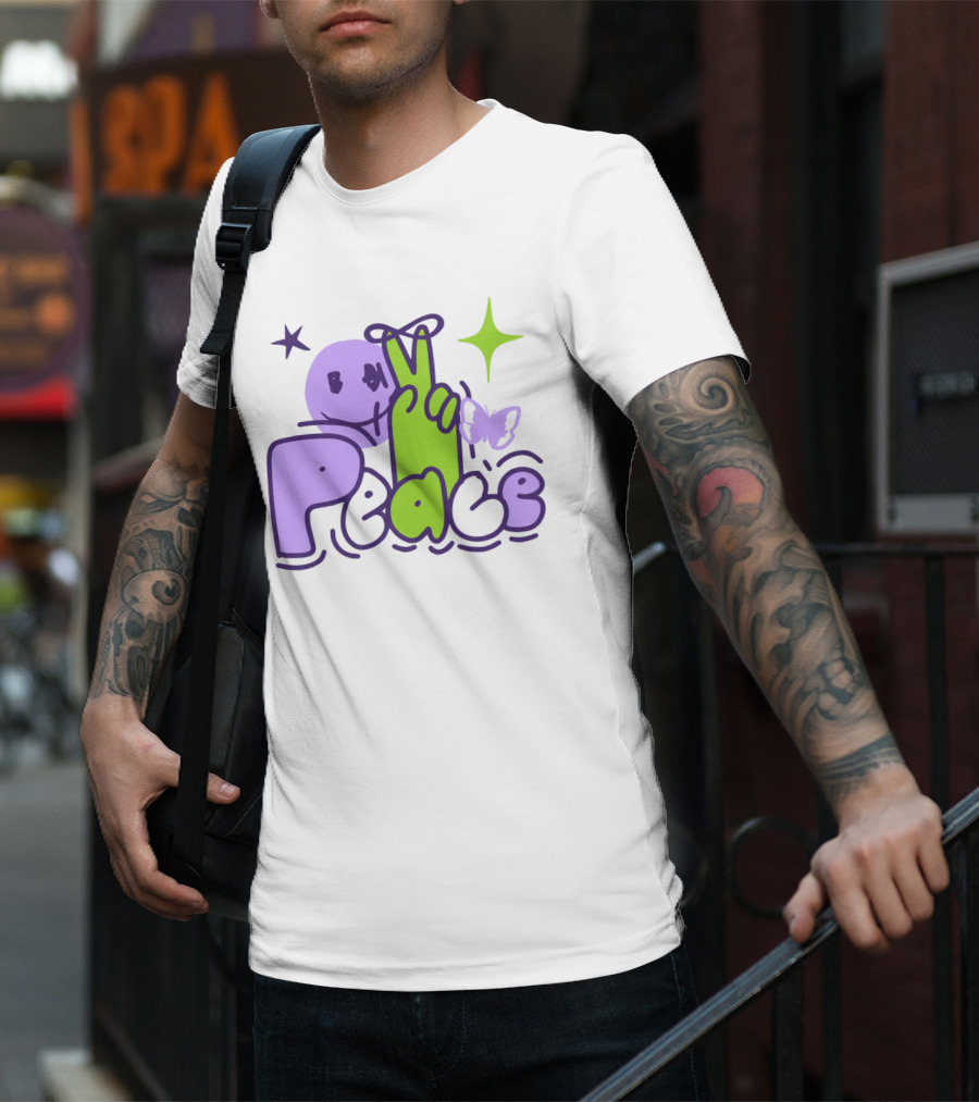 Peace Doodle Smiley Face Butterfly Star Purple Green T-Shirt