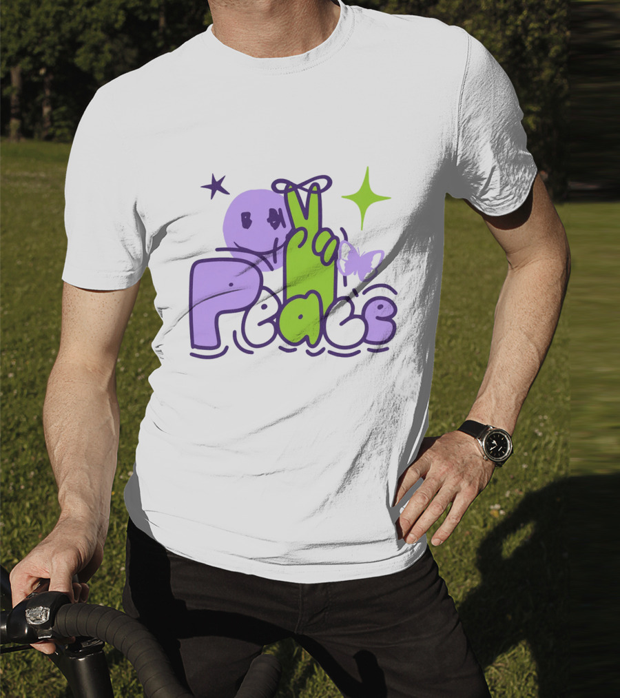 Peace Doodle Smiley Face Butterfly Star Purple Green T-Shirt